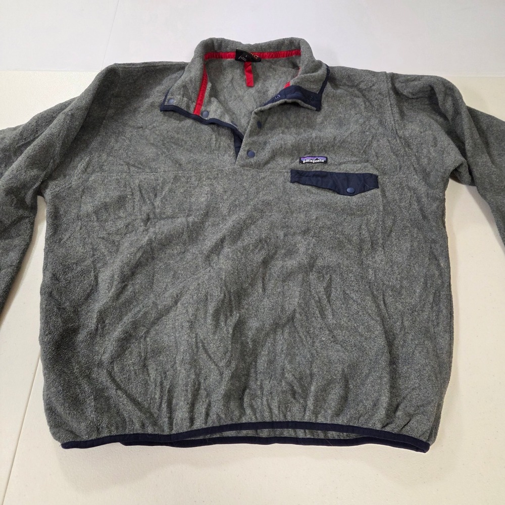 Patagonia Synchilla Snap-T Fleece Pullover Mens Large Gray Navy Blue Trim